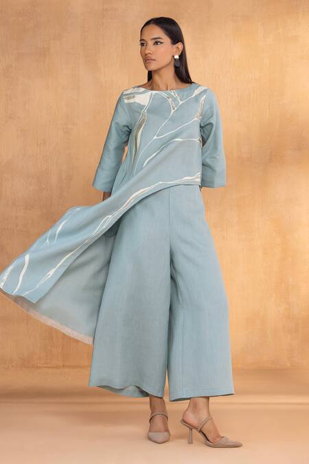 Kaveri_Blue Linen Embroidery Round Neck Light Jade Square Coord Set _at_Aza_Fashions