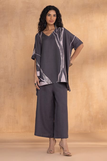 Kaveri Charcoal Cotton V-neck Grey Co-ord Set 