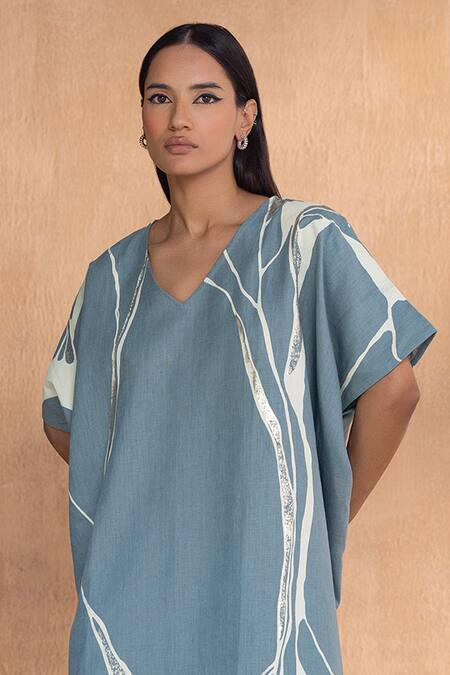 Shop_Kaveri_Blue Cotton V-neck Quantam Theory Square Co-ord Set _Online_at_Aza_Fashions