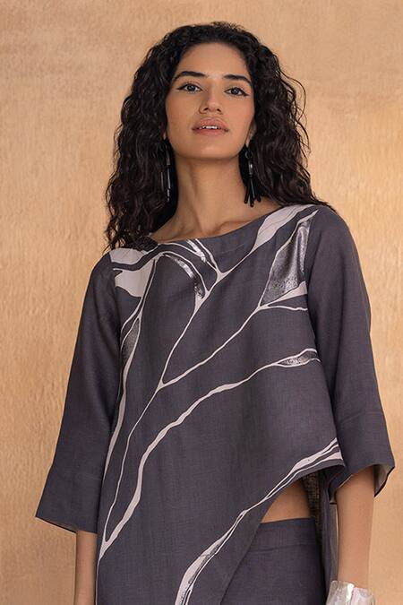 Buy_Kaveri_Charcoal Cotton Round Neck Grey Tunic And Pant Set _Online_at_Aza_Fashions