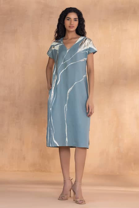 Kaveri_Blue Linen V-neck Quatum Theory Wave Dress _Online_at_Aza_Fashions