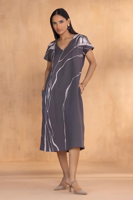Buy_Kaveri_Charcoal Linen V-neck Quatum Theory Wave Dress _Online_at_Aza_Fashions