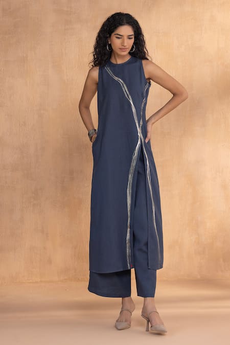 Buy_Kaveri_Blue Linen Round Neck Designer Tunic And Pant Set _Online_at_Aza_Fashions