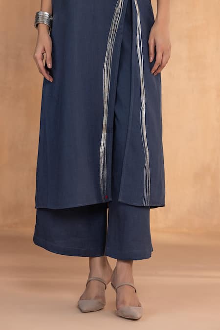Shop_Kaveri_Blue Linen Round Neck Designer Tunic And Pant Set _Online_at_Aza_Fashions
