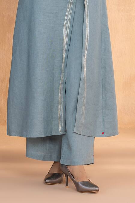 Kaveri_Blue Linen Round Neck Tunic And Pant Set _Online_at_Aza_Fashions