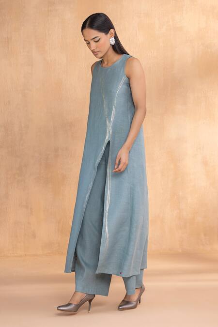 Buy_Kaveri_Blue Linen Round Neck Tunic And Pant Set _Online_at_Aza_Fashions