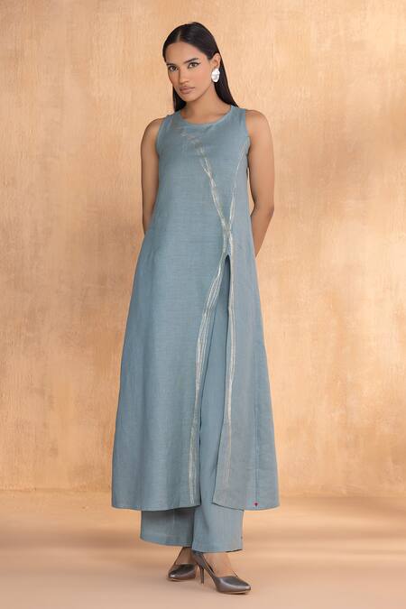 Kaveri_Blue Linen Round Neck Tunic And Pant Set _at_Aza_Fashions