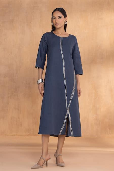 Kaveri Blue Linen Round Neck Threads Slice Dress 