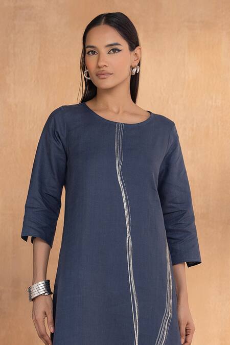 Kaveri_Blue Linen Round Neck Threads Slice Dress _Online_at_Aza_Fashions