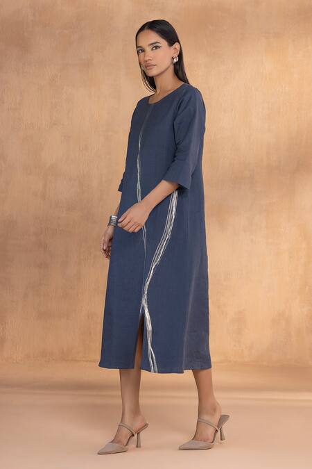 Buy_Kaveri_Blue Linen Round Neck Threads Slice Dress _Online_at_Aza_Fashions