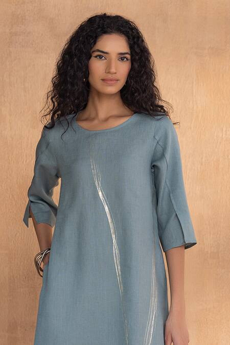 Kaveri_Blue Linen Round Neck Threads Slice Dress _Online_at_Aza_Fashions