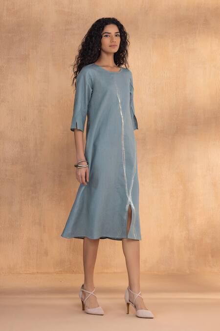 Buy_Kaveri_Blue Linen Round Neck Threads Slice Dress _Online_at_Aza_Fashions