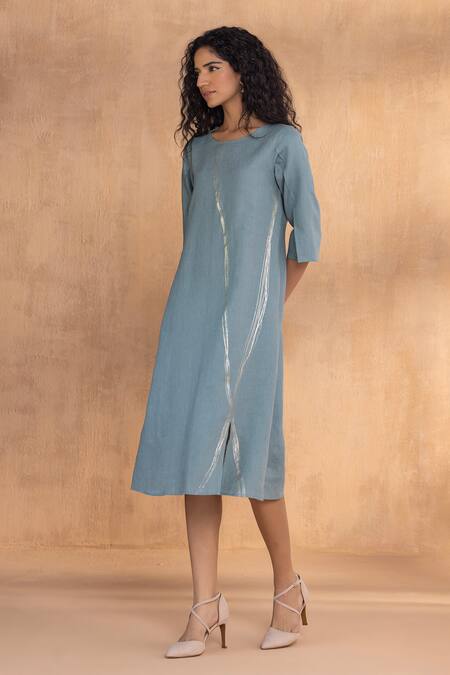 Shop_Kaveri_Blue Linen Round Neck Threads Slice Dress _Online_at_Aza_Fashions