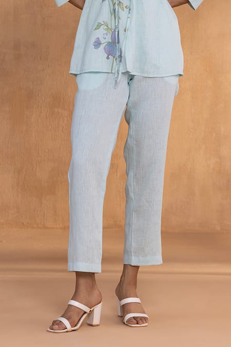 Kaveri Blue Linen Embroidery Collared Watercolour Woods Coord Set Online at Aza Fashions Kaveri_Blue Linen Embroidery Collared Watercolour Woods Coord Set _Online_at_Aza_Fashions