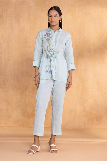 Buy Kaveri Blue Linen Embroidery Collared Watercolour Woods Coord Set Online at Aza Fashions Buy_Kaveri_Blue Linen Embroidery Collared Watercolour Woods Coord Set _Online_at_Aza_Fashions