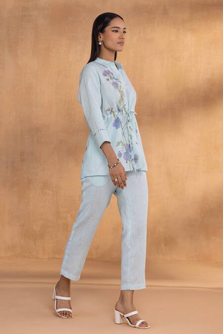 Shop Kaveri Blue Linen Embroidery Collared Watercolour Woods Coord Set Online at Aza Fashions Shop_Kaveri_Blue Linen Embroidery Collared Watercolour Woods Coord Set _Online_at_Aza_Fashions