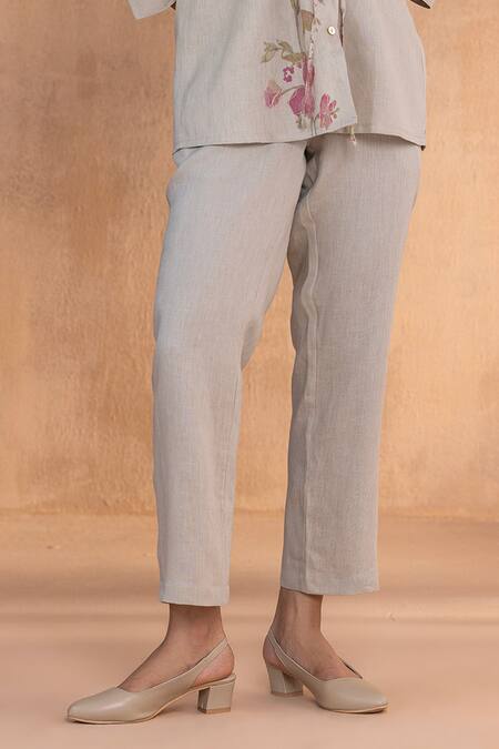 Kaveri_Gray Linen Embroidery Collared Watercolour Woods Coord Set _Online_at_Aza_Fashions