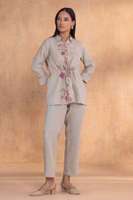 Buy_Kaveri_Gray Linen Embroidery Collared Watercolour Woods Coord Set _Online_at_Aza_Fashions
