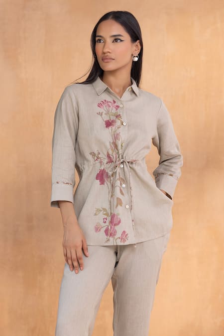 Shop_Kaveri_Gray Linen Embroidery Collared Watercolour Woods Coord Set _Online_at_Aza_Fashions