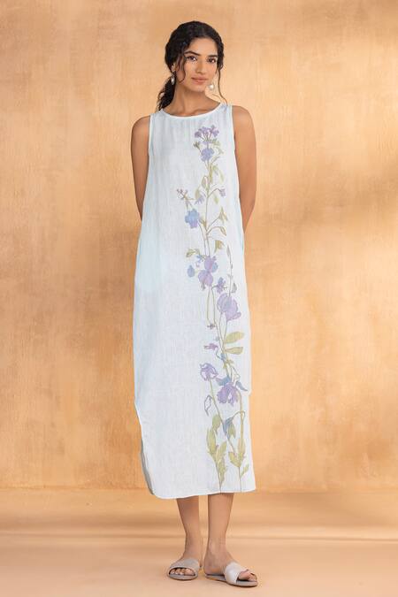 Kaveri_Blue Linen Embroidery Round Neck Watercolour Roots Dress _Online_at_Aza_Fashions