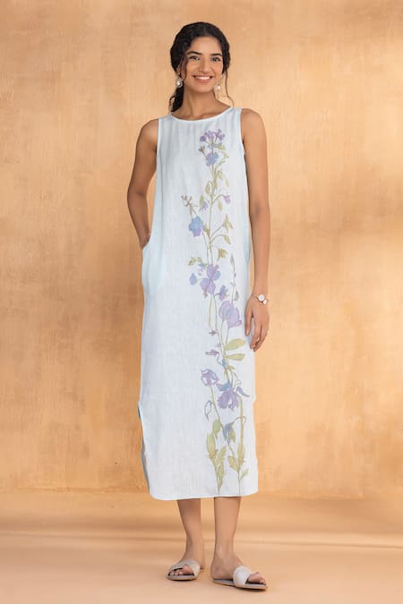 Kaveri Blue Linen Embroidery Round Neck Watercolour Roots Dress 
