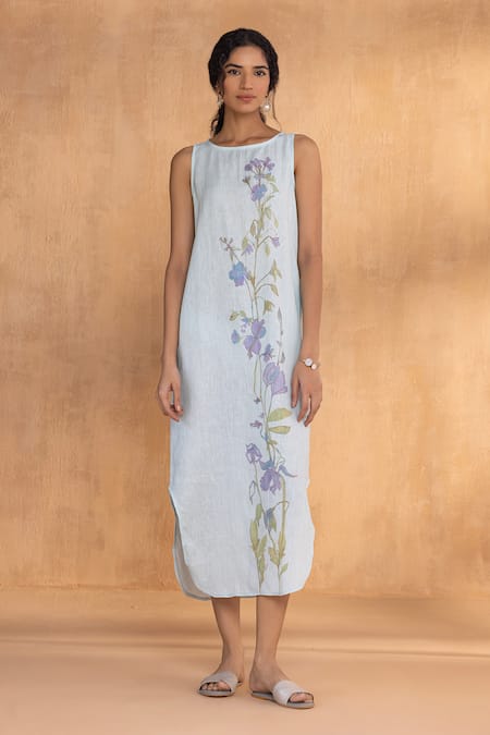 Buy_Kaveri_Blue Linen Embroidery Round Neck Watercolour Roots Dress _Online_at_Aza_Fashions