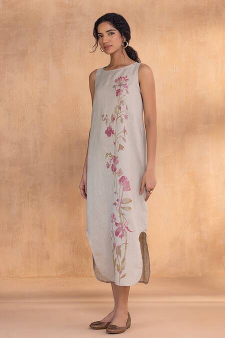 Kaveri_Gray Linen Embroidery Round Neck Watercolour Roots Dress _Online_at_Aza_Fashions