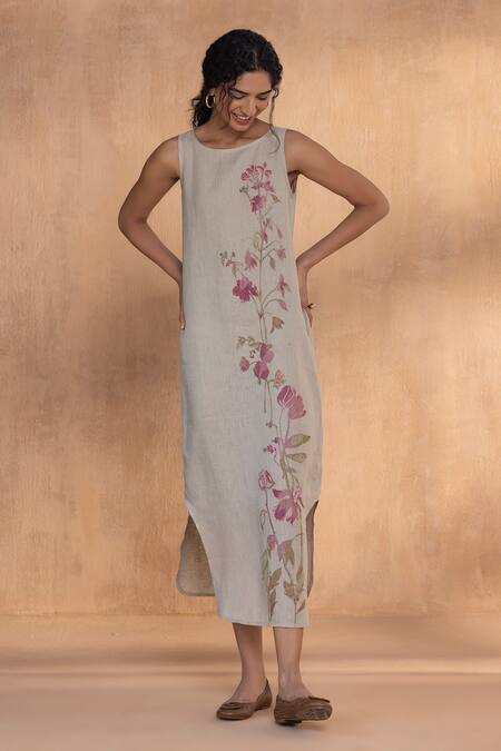 Buy_Kaveri_Gray Linen Embroidery Round Neck Watercolour Roots Dress _Online_at_Aza_Fashions
