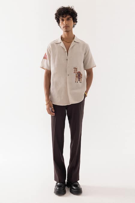 PAARSH Beige Linen Embroidery Rajasthani Shirt Online at Aza Fashions PAARSH_Beige Linen Embroidery Rajasthani Shirt _Online_at_Aza_Fashions