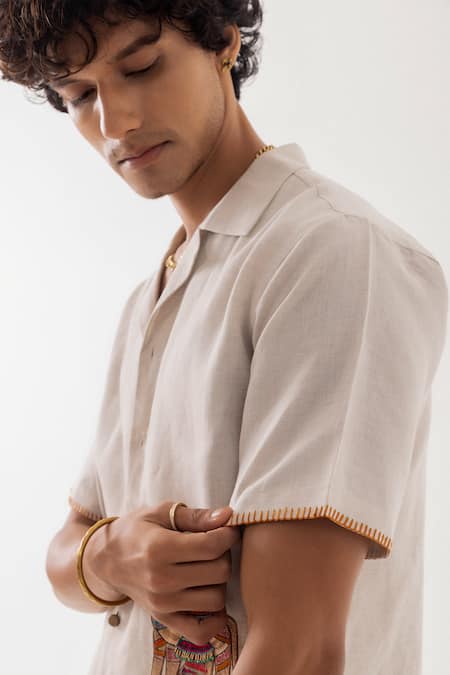 Shop PAARSH Beige Linen Embroidery Rajasthani Shirt Shop_PAARSH_Beige Linen Embroidery Rajasthani Shirt