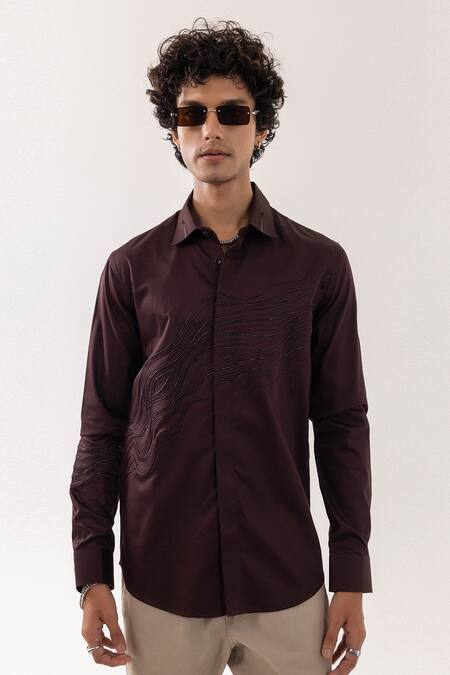 Shop PAARSH Brown Cotton Embroidery Designer Puddle Giza Shirt Online at Aza Fashions Shop_PAARSH_Brown Cotton Embroidery Designer Puddle Giza Shirt _Online_at_Aza_Fashions