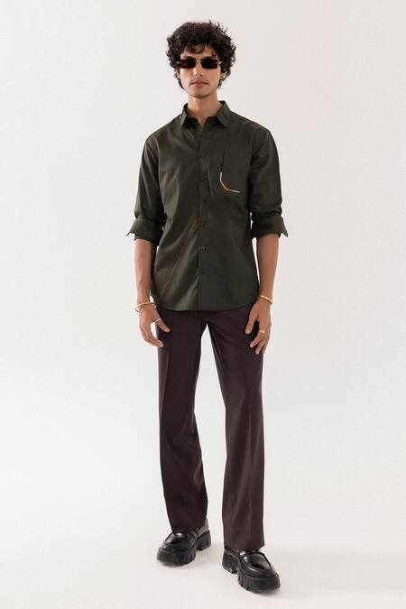 PAARSH_Olive Green Cotton Embroidery Quirky Designer Shirt _Online_at_Aza_Fashions