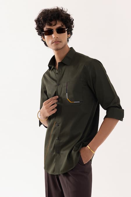 Buy_PAARSH_Olive Green Cotton Embroidery Quirky Designer Shirt _Online_at_Aza_Fashions