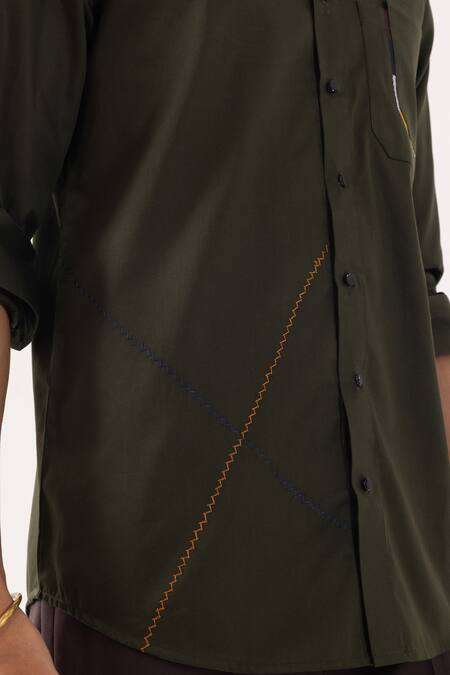 Shop_PAARSH_Olive Green Cotton Embroidery Quirky Designer Shirt _Online_at_Aza_Fashions