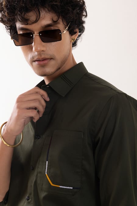 Buy_PAARSH_Olive Green Cotton Embroidery Quirky Designer Shirt 