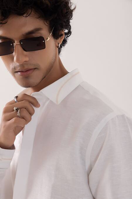 PAARSH_Ivory Linen Embroidery Designer Shirt _at_Aza_Fashions