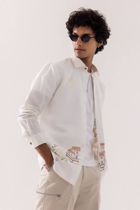 PAARSH_Ivory Linen Embroidery Shirt _at_Aza_Fashions