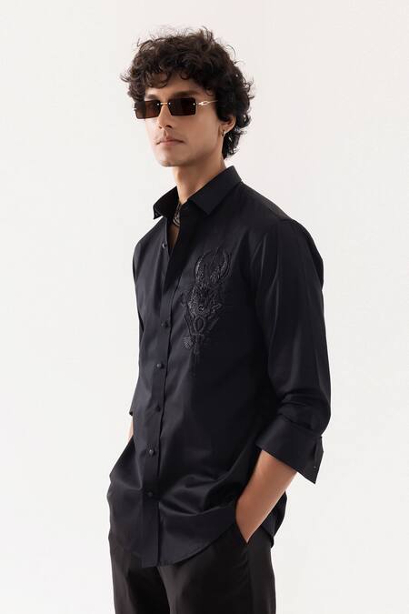 Shop_PAARSH_Black Cotton Embroidery Giza Designer Shirt _Online_at_Aza_Fashions