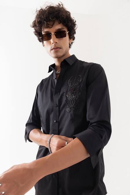 PAARSH_Black Cotton Embroidery Giza Designer Shirt _at_Aza_Fashions