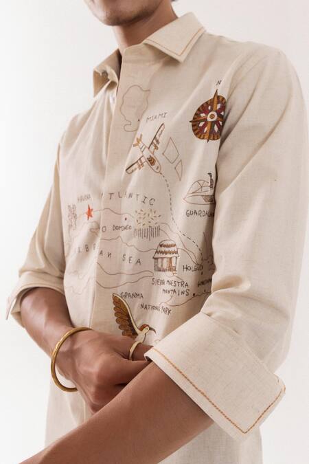 PAARSH_Beige Linen Embroidery Illustrated Map Shirt _Online_at_Aza_Fashions