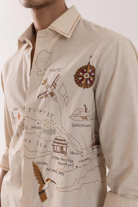 Buy_PAARSH_Beige Linen Embroidery Illustrated Map Shirt _Online_at_Aza_Fashions
