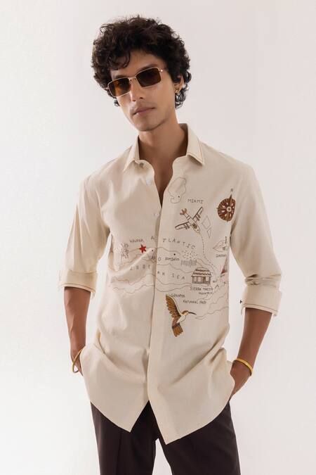 PAARSH_Beige Linen Embroidery Illustrated Map Shirt _at_Aza_Fashions
