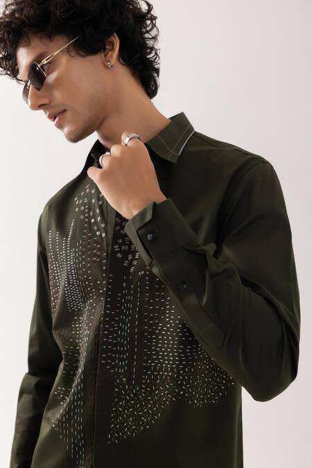 PAARSH_Olive Green Cotton Embroidery Abstract Kantha Shirt _Online_at_Aza_Fashions