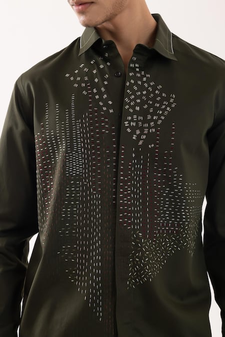 Shop_PAARSH_Olive Green Cotton Embroidery Abstract Kantha Shirt _Online_at_Aza_Fashions
