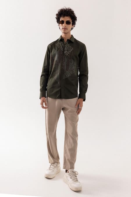 PAARSH Abstract Kantha Olive Shirt 