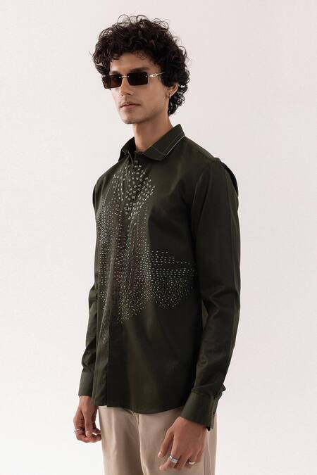 Buy_PAARSH_Olive Green Cotton Embroidery Abstract Kantha Shirt 