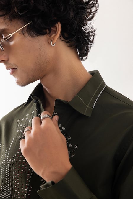 Shop_PAARSH_Olive Green Cotton Embroidery Abstract Kantha Shirt 