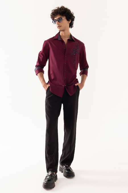 Paarsh Red Cotton Embroidery Wine Designer Shirt