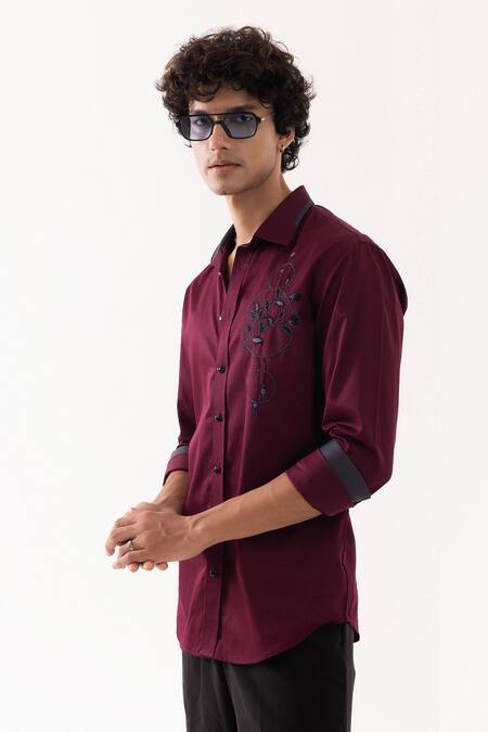 Buy PAARSH Red Cotton Embroidery Wine Designer Shirt Online at Aza Fashions Buy_PAARSH_Red Cotton Embroidery Wine Designer Shirt _Online_at_Aza_Fashions