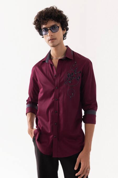 Shop PAARSH Red Cotton Embroidery Wine Designer Shirt Online at Aza Fashions Shop_PAARSH_Red Cotton Embroidery Wine Designer Shirt _Online_at_Aza_Fashions